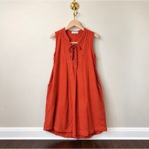 4our Dreamers Burnt Orange Linen Blend Lace Up Sleeveless Tunic Dress Small